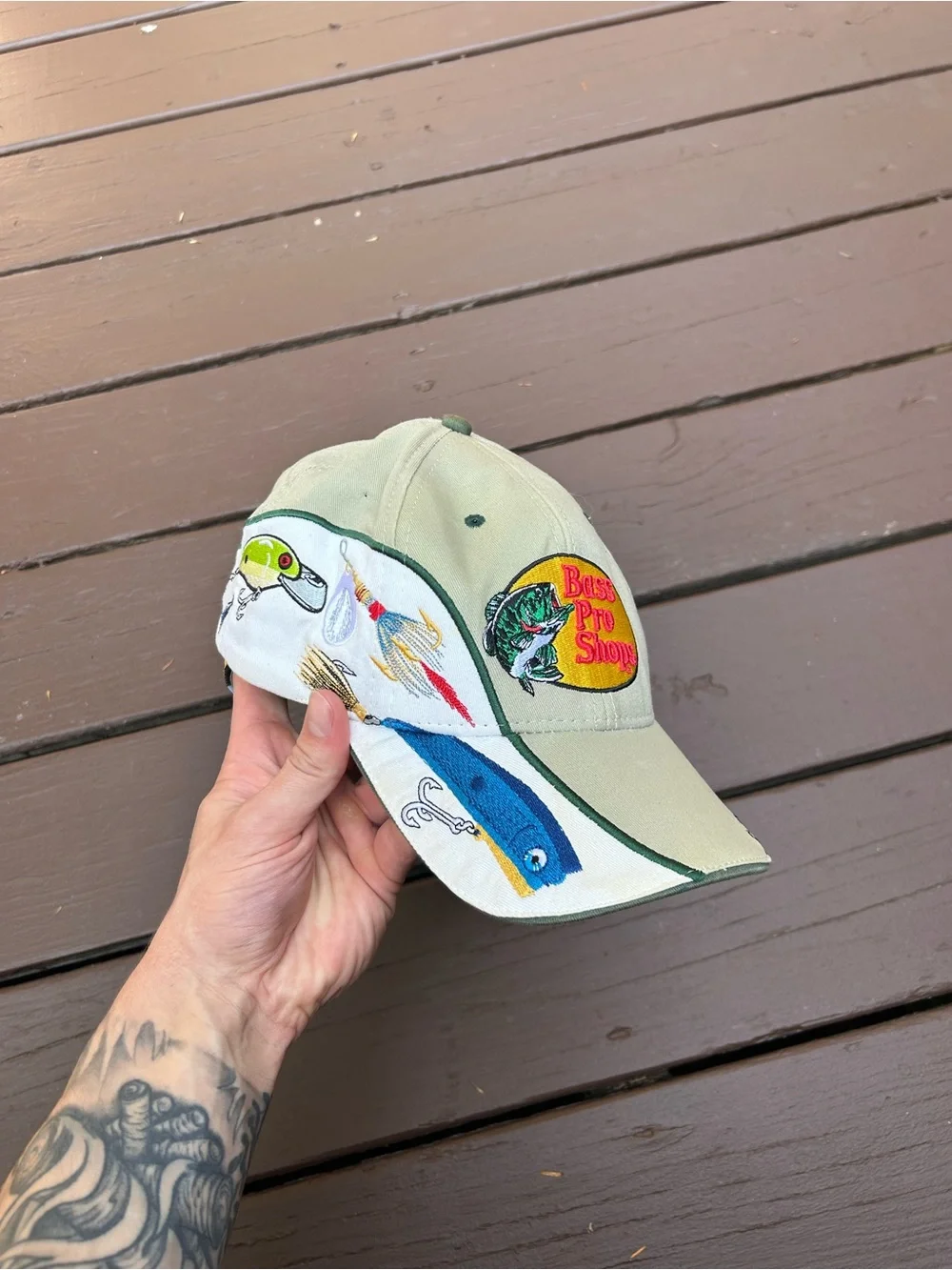 Vintage Bass Pro Shops Fishing Lures Baseball Cap - Khaki & White